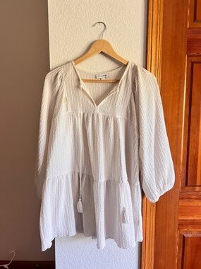 Textured Cream Peasant Tunic with Ties